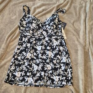 Simply Slim Womens Floral Swim Dress Tummy Control Black White 3X 22W-24W